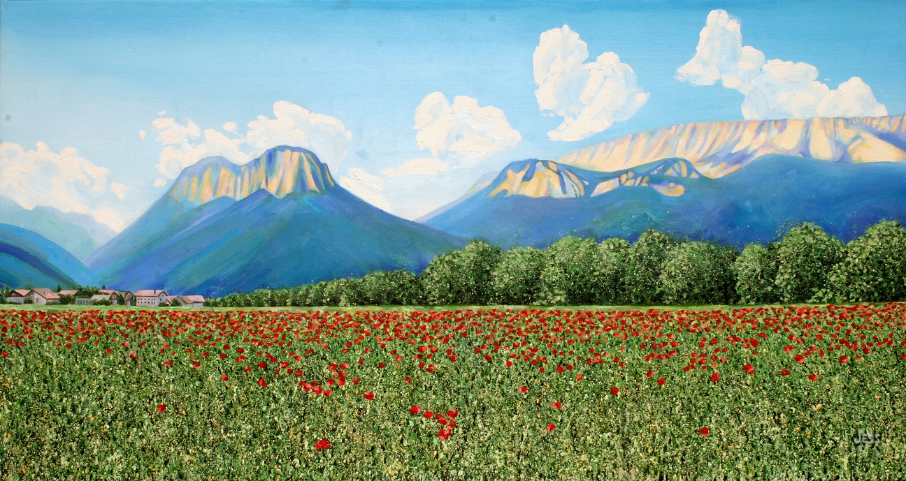French Alps and Poppy Field, oil on canvas, 64 x 34 in, Jessica Siemens 2012