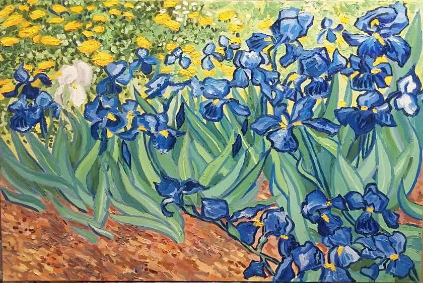 Van Gogh Reproduction, Blue Irises, oil on canvas, 24x36 in, Jessica Siemens 2015