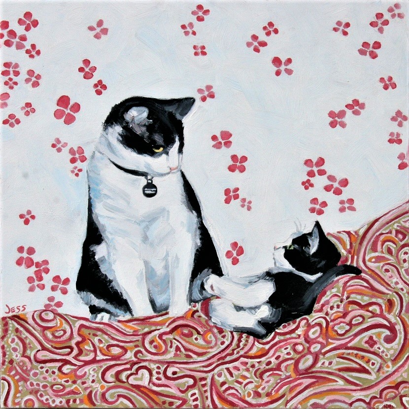 Squeekers and Figaro, oil on canvas, 18x18 in, Jessica Siemens 2014