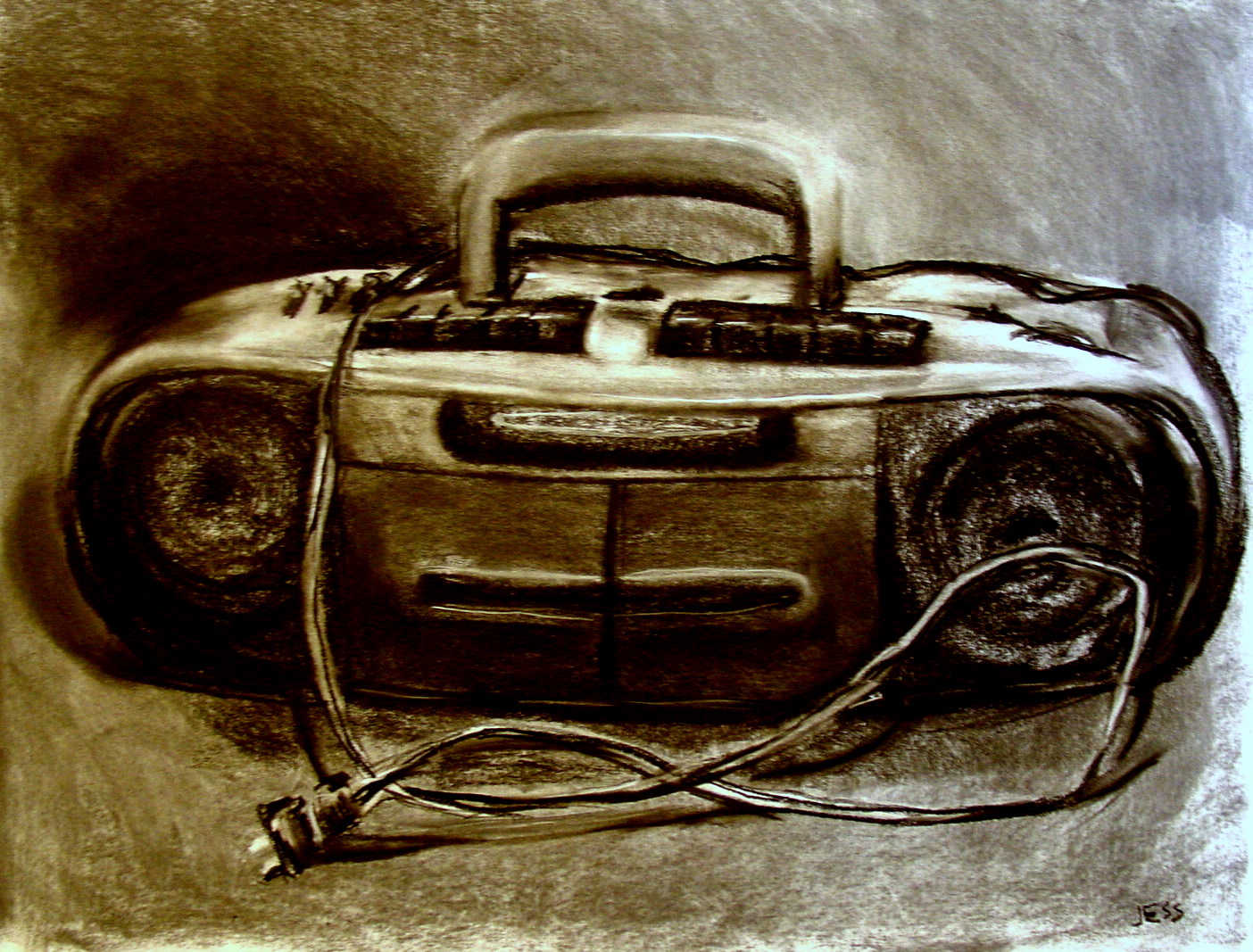 Boombox Still Life, charcoal on paper, 18x24 inches, Jessica Siemens 2009