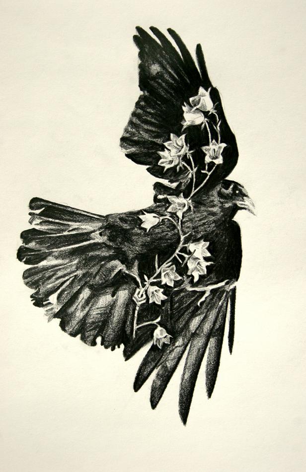 Crow and Bell Flowers Tattoo pencil on paper Jessica Siemens 2010