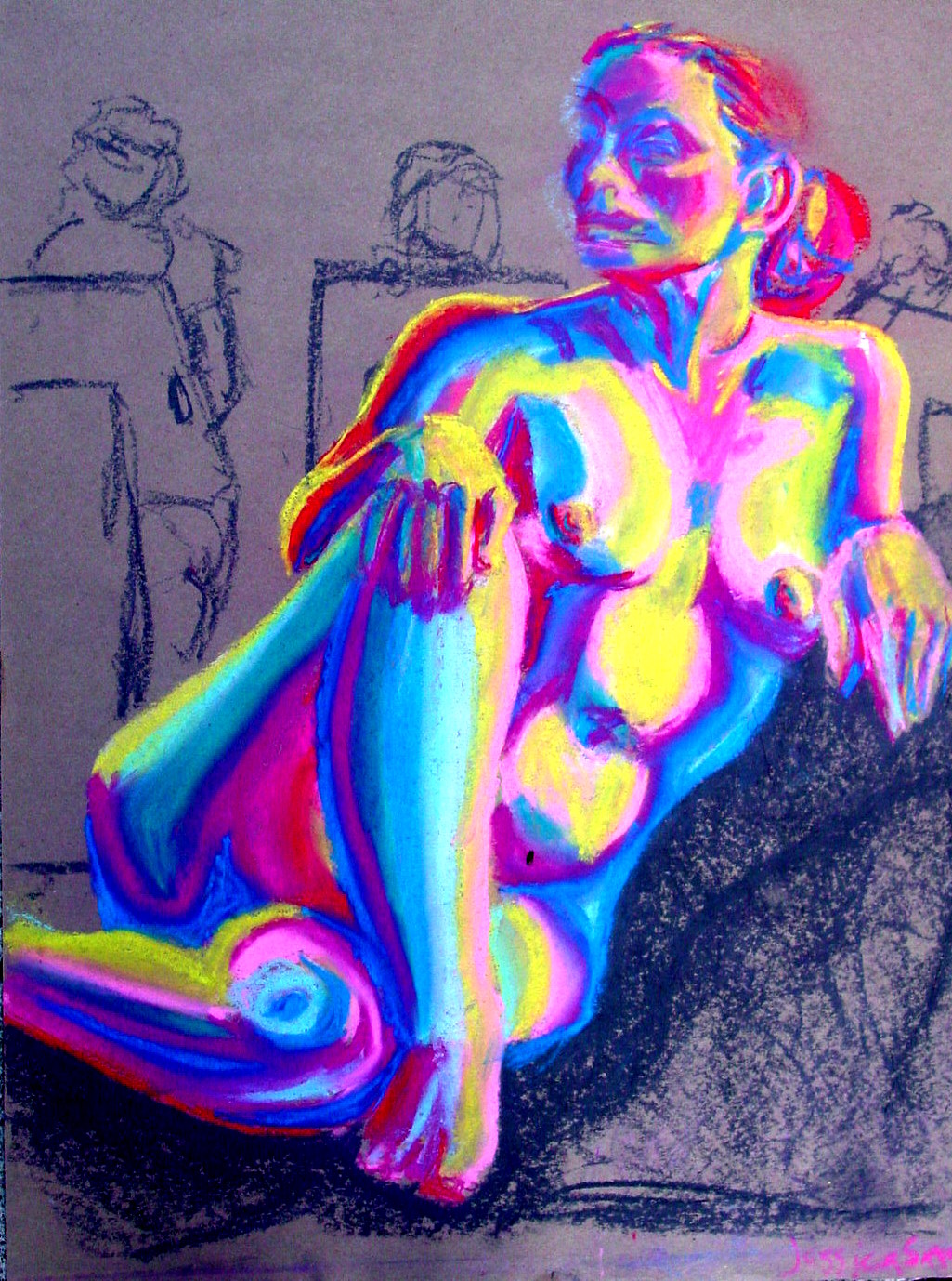Life Drawing Portrait, soft pastels on brown paper, 18x24 inches, Jessica Siemens 2008