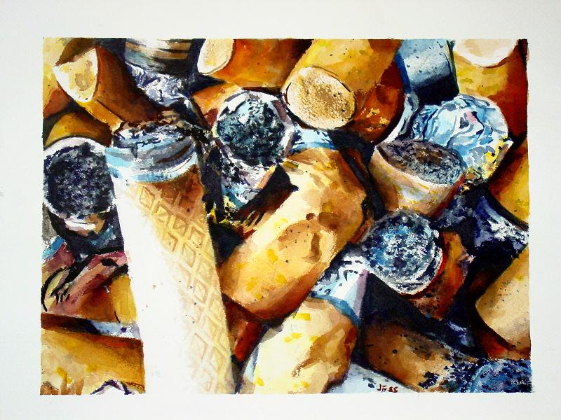Cigarette Butts, watercolor on paper, 10x13 in, Jessica Siemens 2009