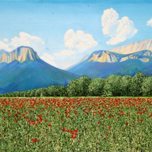 French Alps and Poppy Field, oil on canvas, 64 x 34 inches, Jessica Siemens 2012