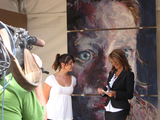 Preparing for KUSI ArtWalk spot in front of "Face"