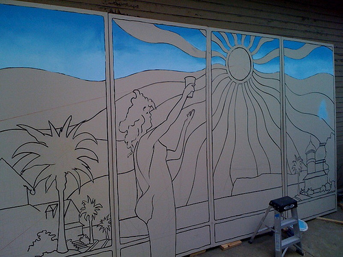 Cafe Mundo Mural in progress by John Hiemstra