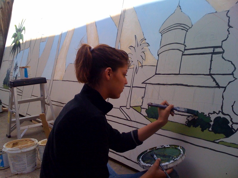 Jessica Siemens painting Mural with John Hiemstra for Cafe Mundo, San Diego