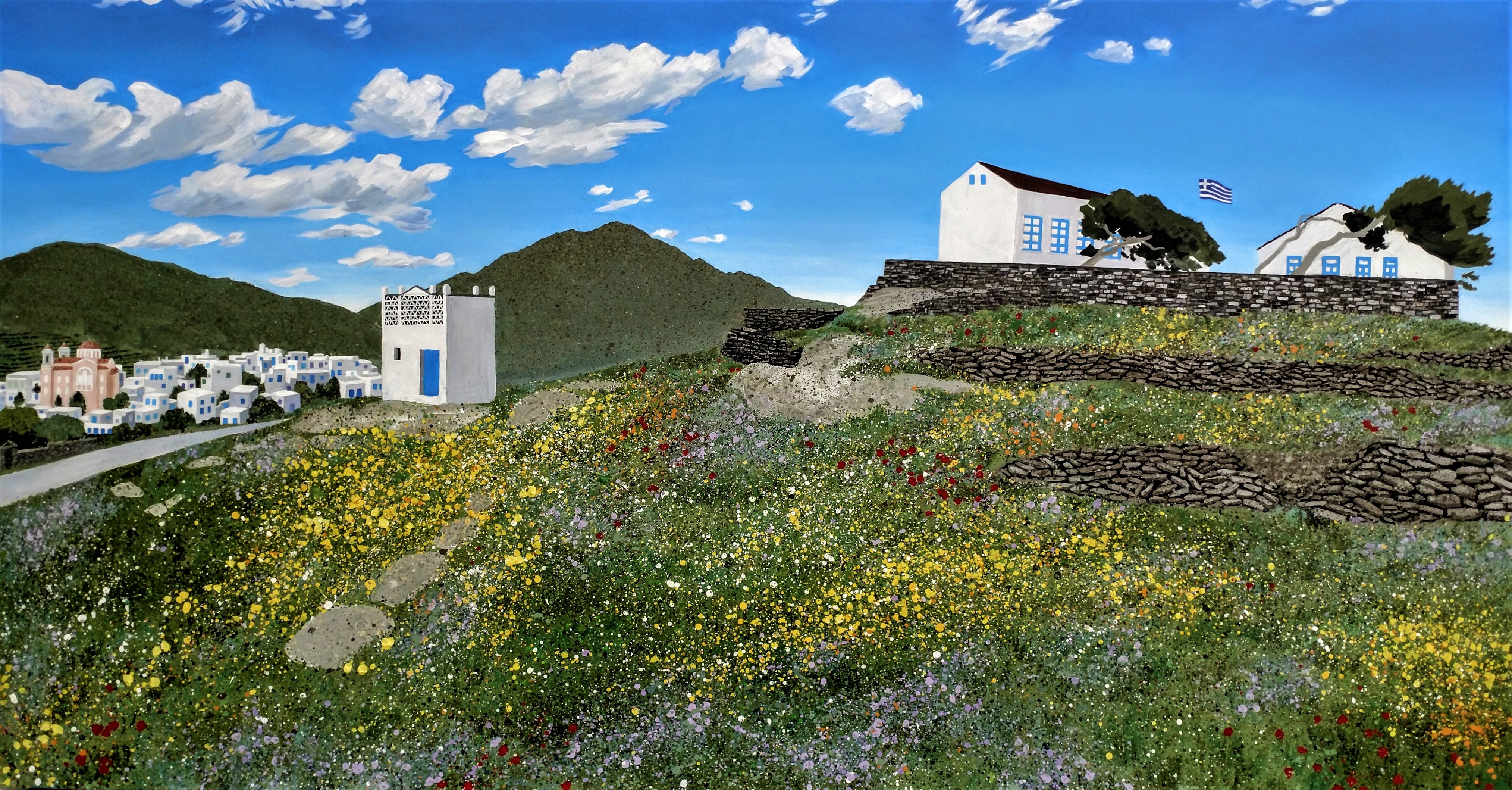 In progress painting of Pyrgos, a dove cot and a school of marble sculpture on the island of Tinos, Greece.